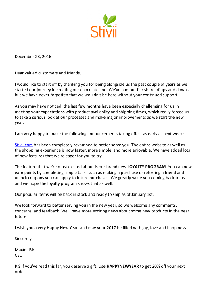 letter from stivii ceo