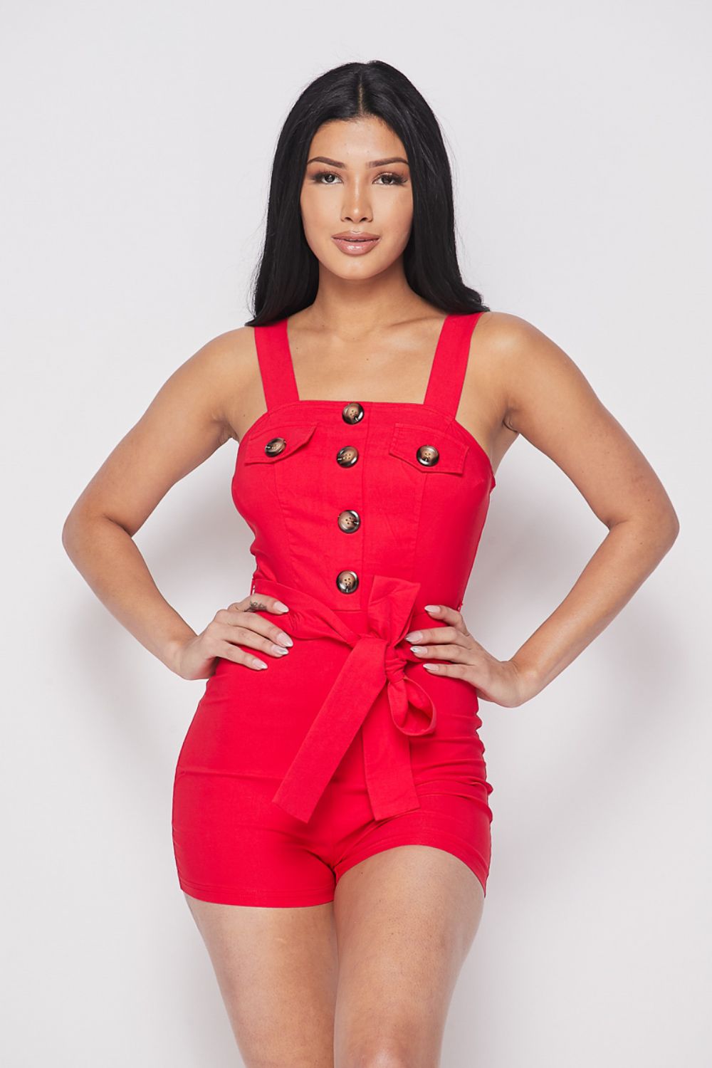 Big Button Bow Tie Front Romper Love Moda