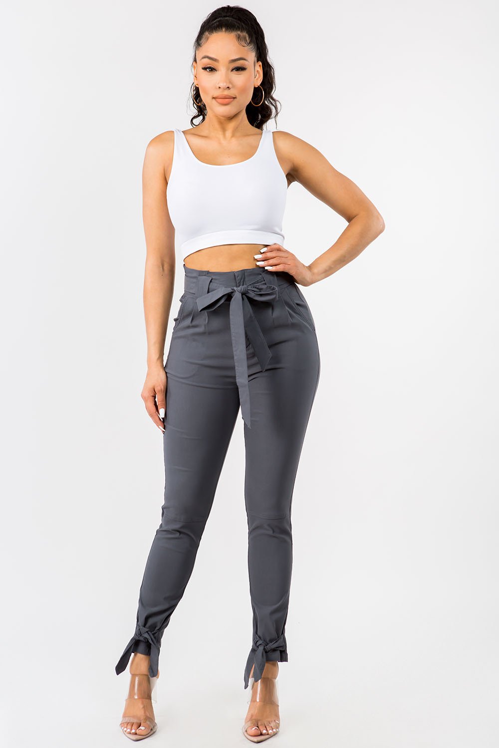 Casual High Waist Bow Tie Paper Bag Pants