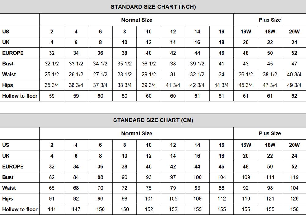 Size Chart of www.simidress.com for homecoming dresses prom dresses wedding dresses