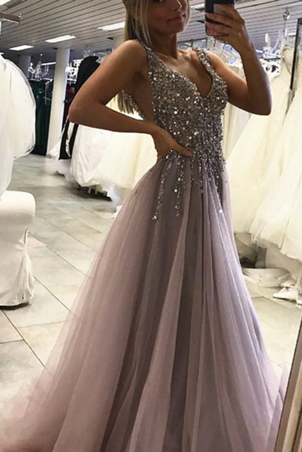 Sexy Side Split Sleeveless Tulle Evening Dress, Long Prom Dresses