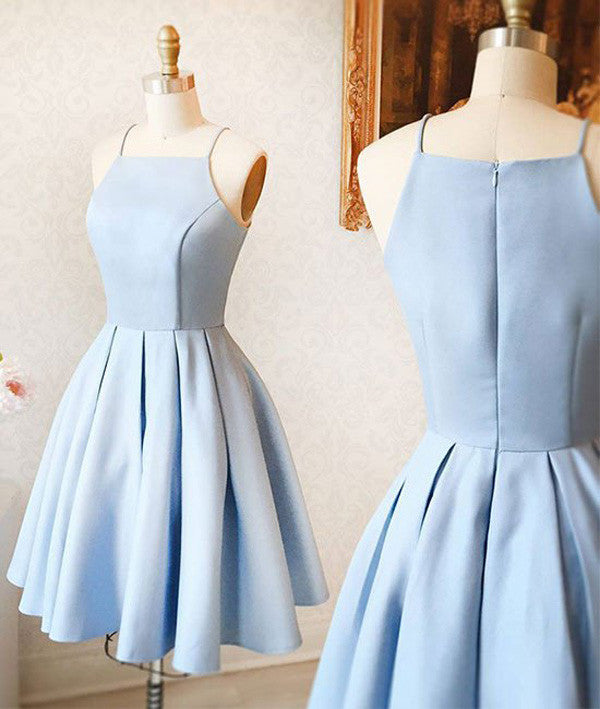 satin light blue prom dress