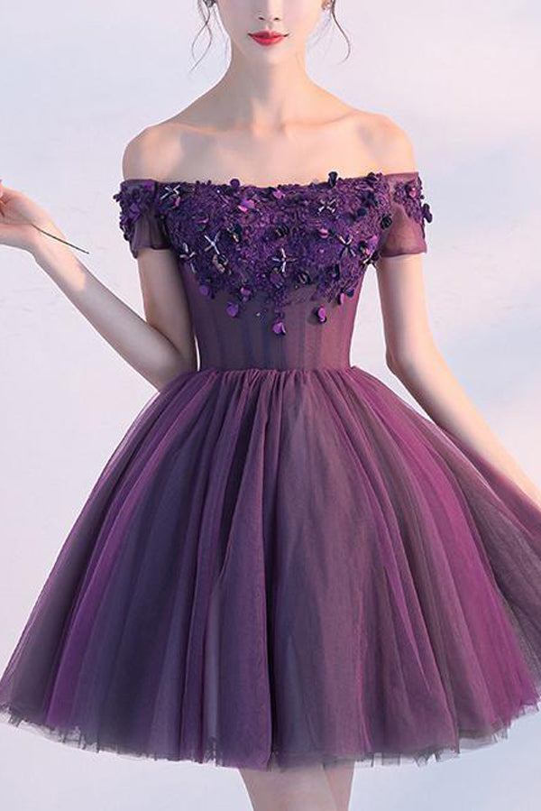 Purple Off The Shoulder Short Prom Dress Homecoming Dress Party Dress Simidress