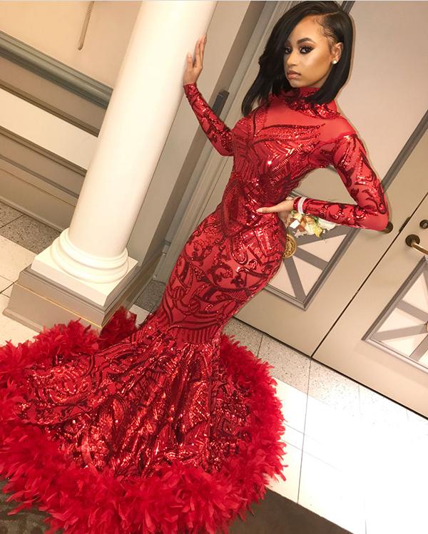 red long sleeve mermaid prom dress