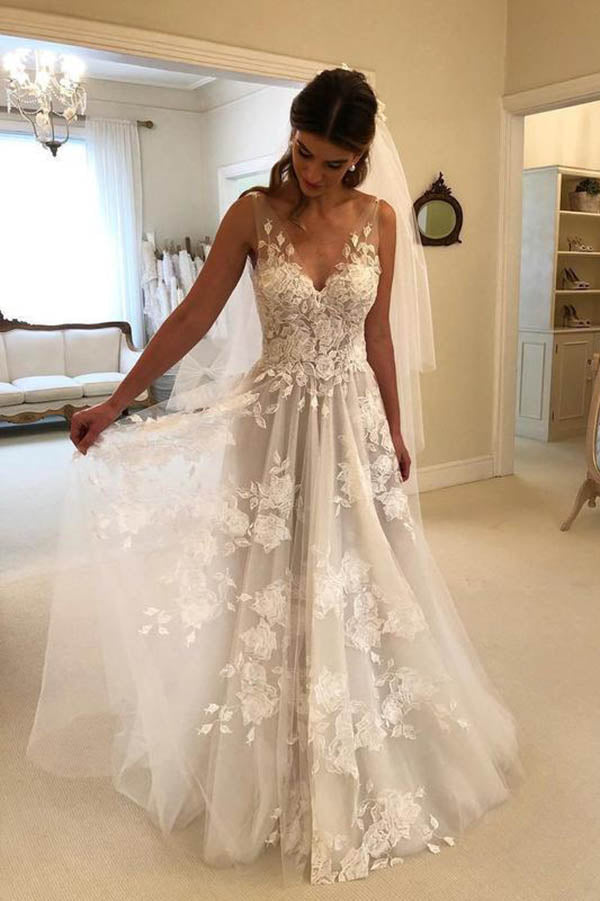 lace tulle a line wedding dress