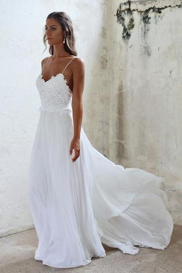 Sexy Open Backs Lace White Wedding Gown, Boho Beach Wedding Dresses