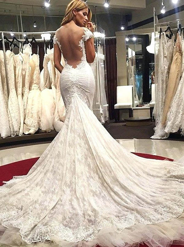 illusion lace and satin mermaid wedding dress