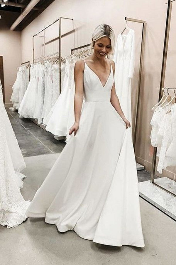 simple satin v neck wedding dress