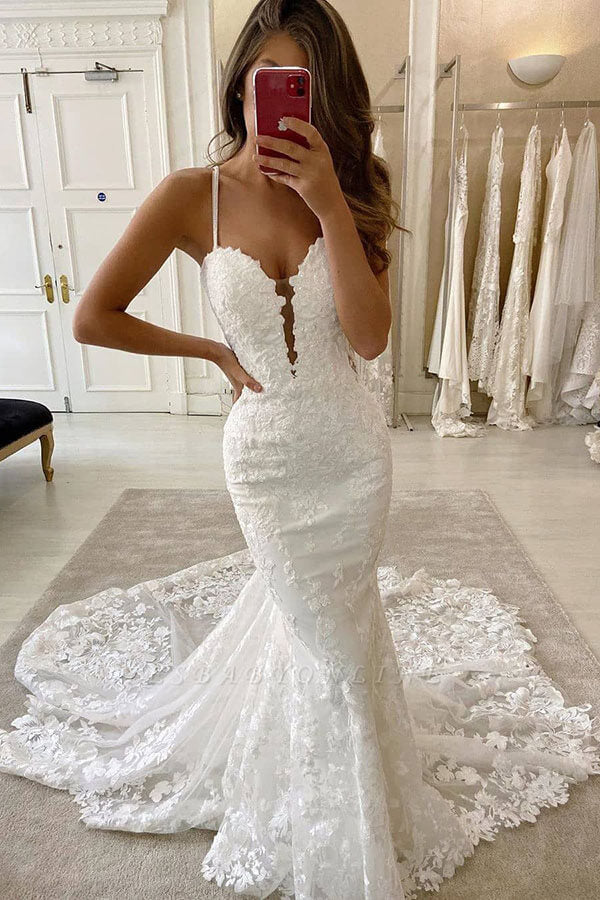 spaghetti strap lace mermaid wedding dress