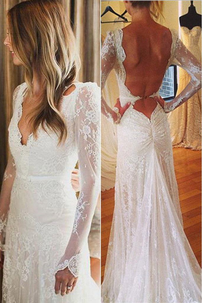 Open Back V Neck Mermaid Wedding Dress Lace White Wedding Party Gowns Simidress
