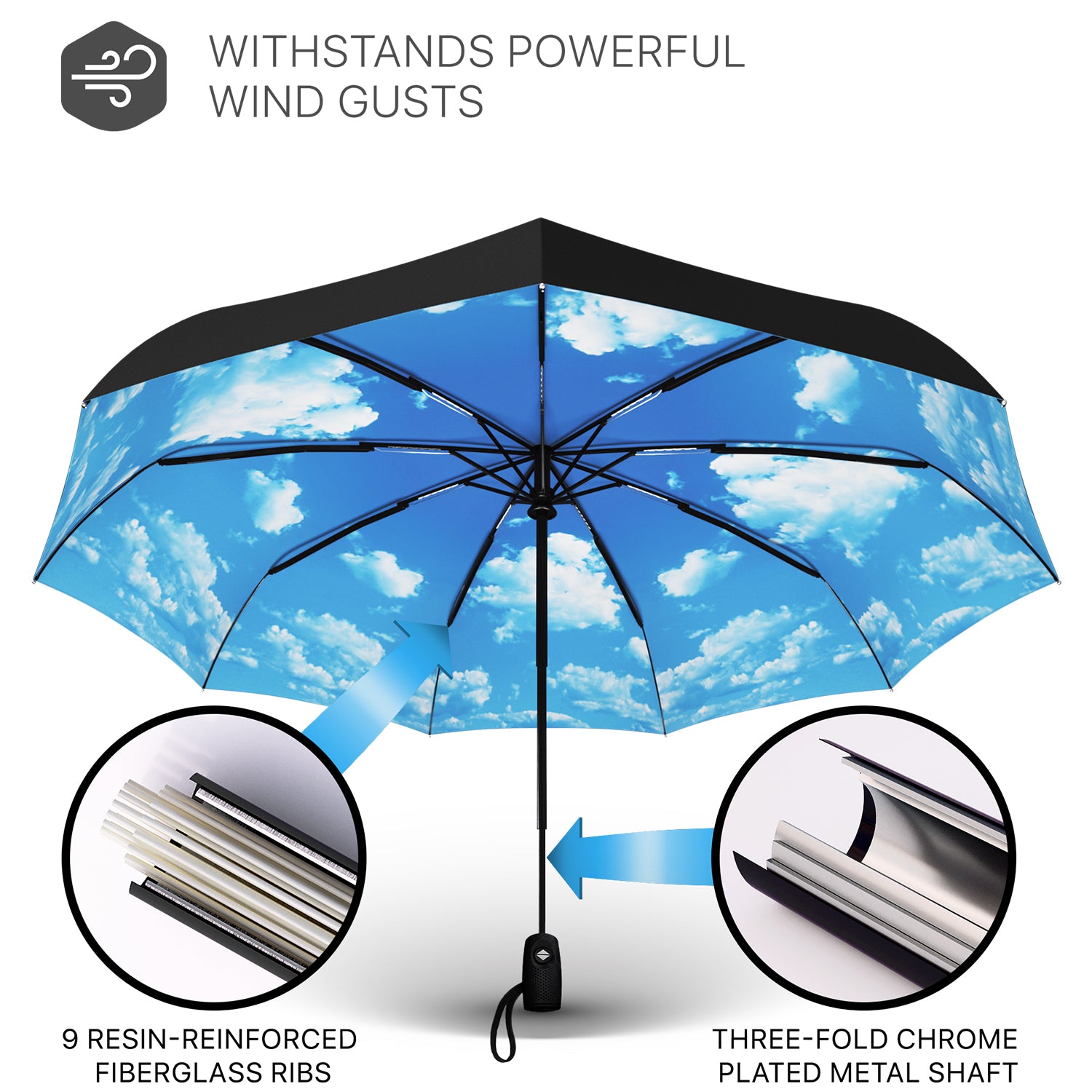 Windproof Travel Umbrella - Compact, Automatic, Blue Sky