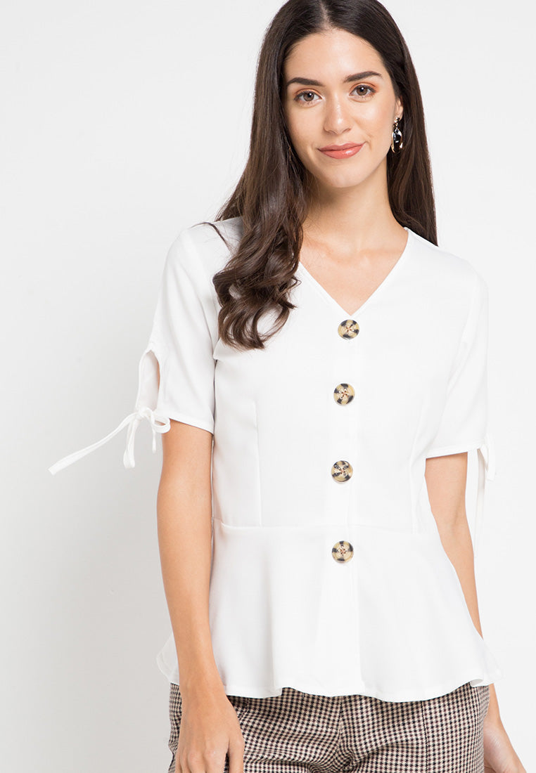 Vneck top with button detail - White