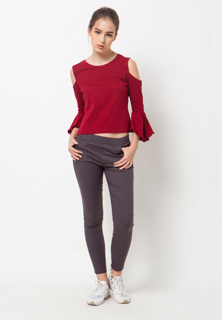 Cold Shoulder Bell Sleeves Tee - Red
