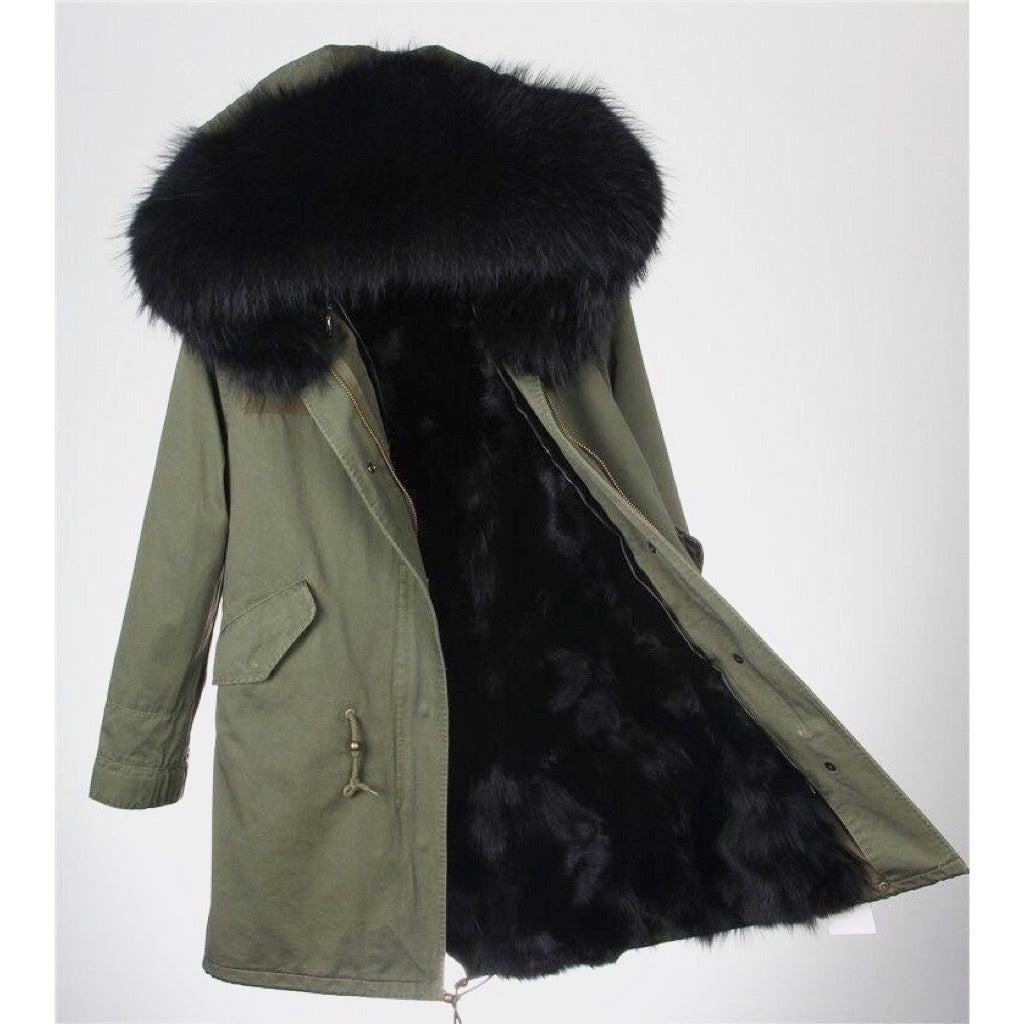 green coat black fur hood