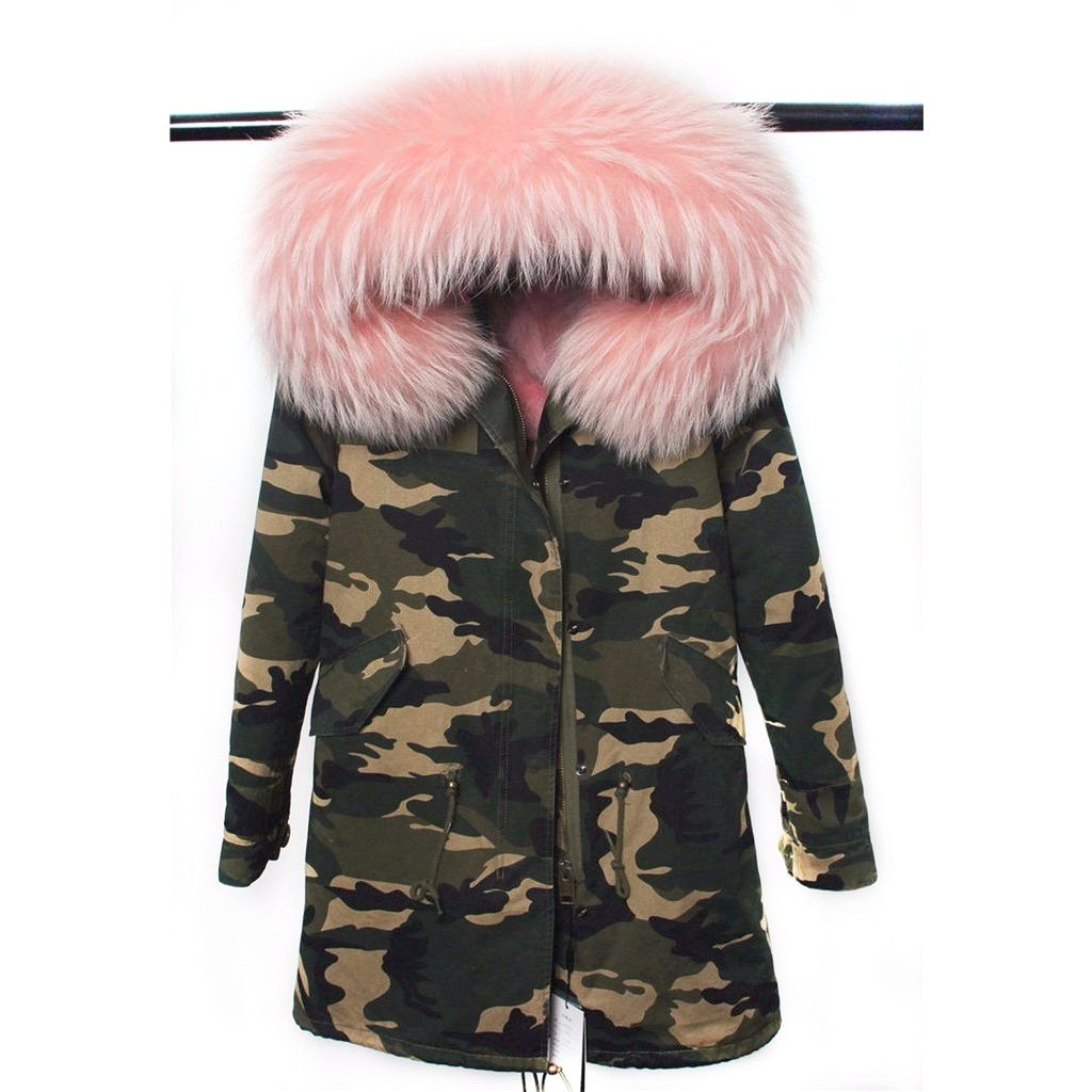 camouflage parka with pink fur hood