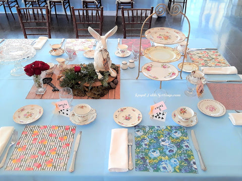 Place Setting examples with High Tea Stand and "Wood" centerpiece