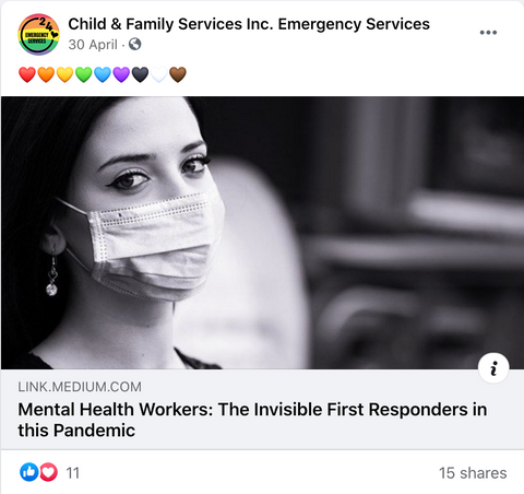 Child & Family Services Facebook post - Mental Health Workers: The invisible first responders in the pandemic