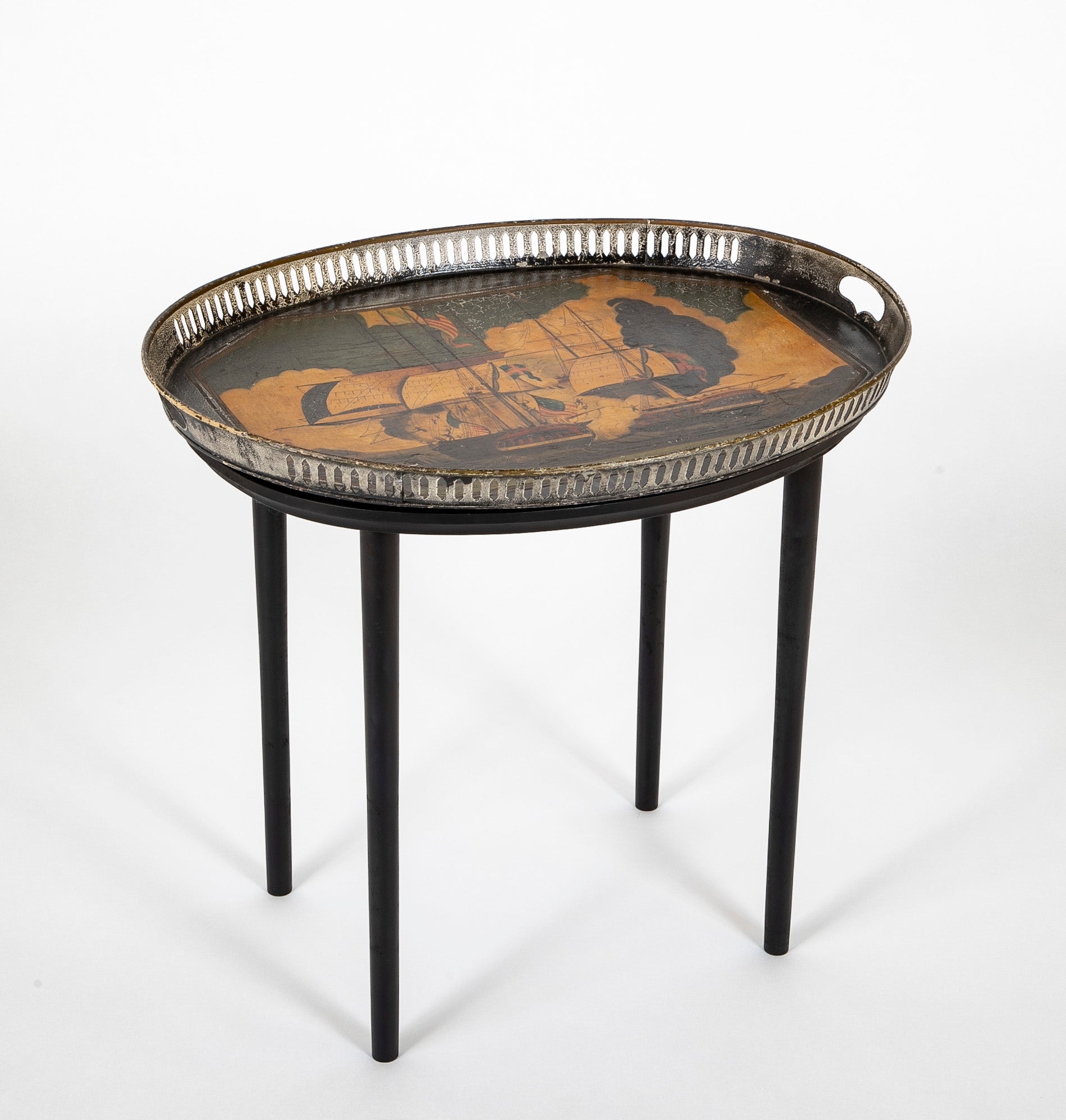 19th Century Toleware Tray in Original Surface Depicting HMS Shannon & USS Chesapeake in War of 1812 Battle Off Boston Harbor