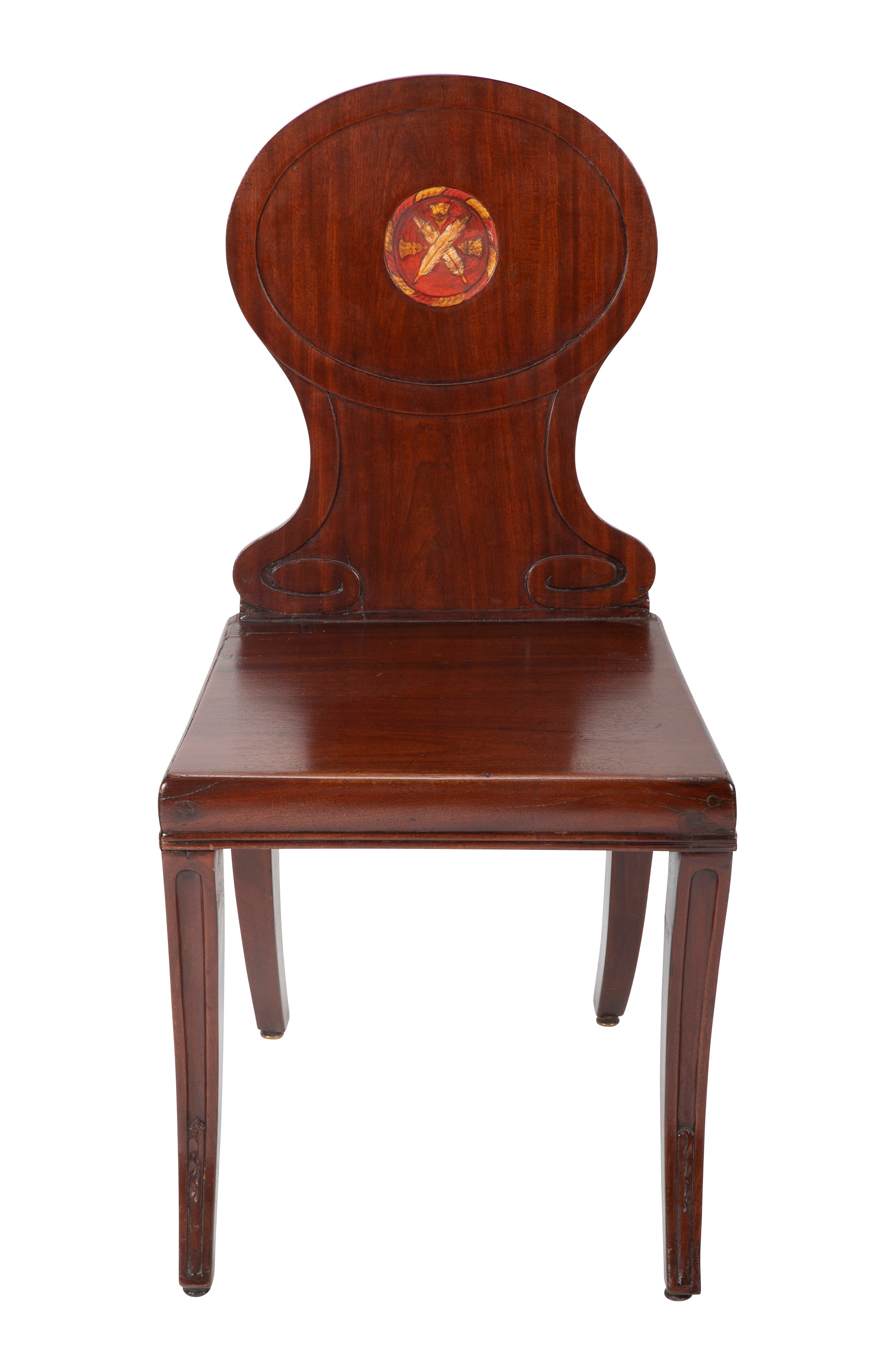 A Pair of Late Georgian Mahogany and Polychrome Hall Chairs
