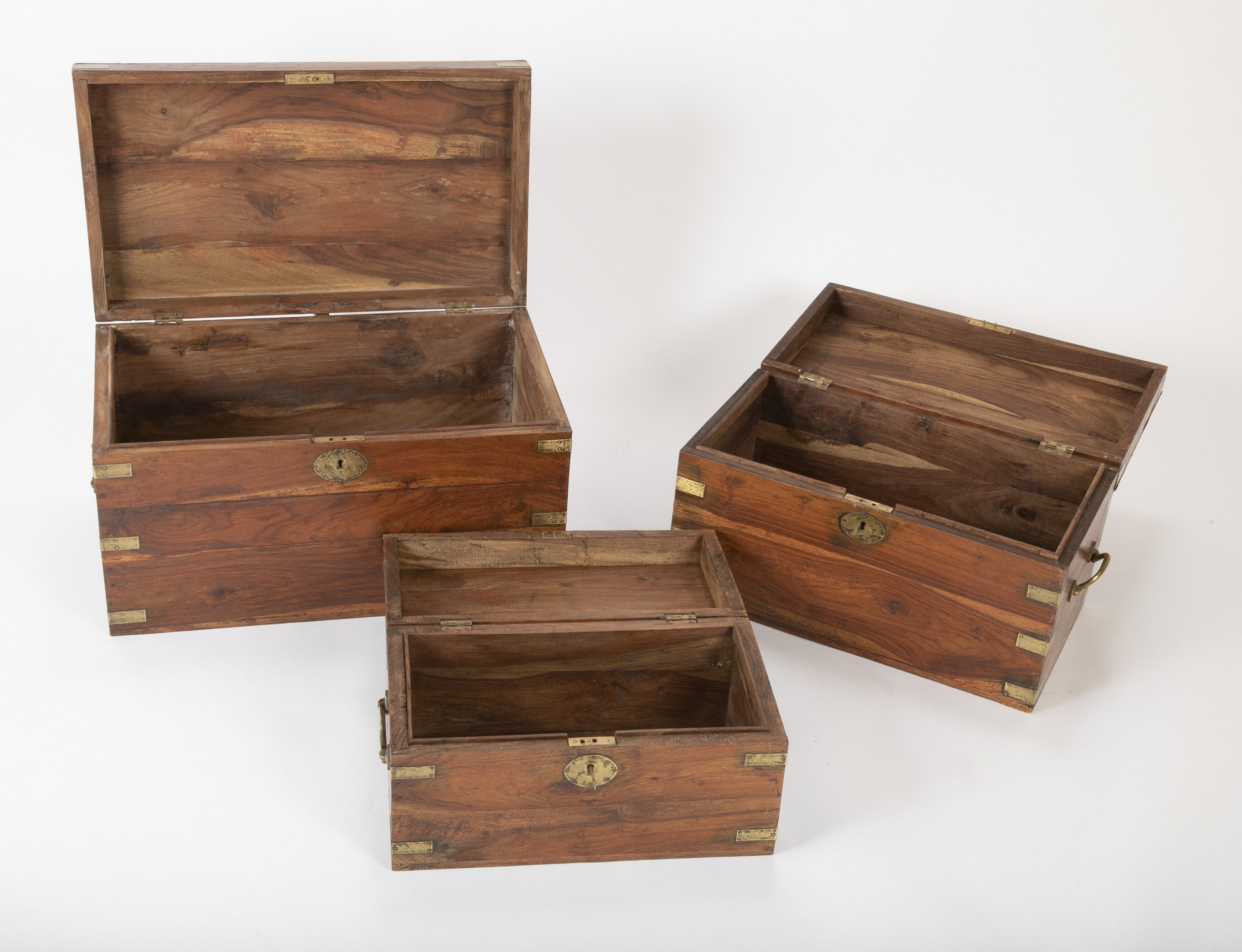 Set of Three Chinese Export Nesting Camphorwood Campaign Boxes