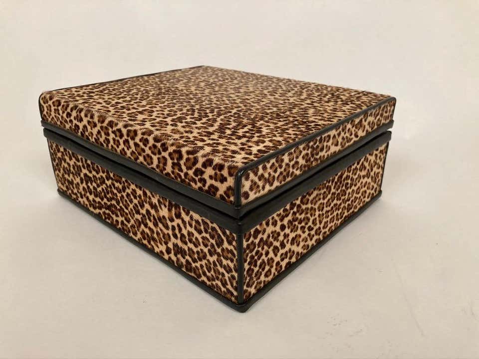 1960s French Leopard Box with Lizard Skin Interior and Black Leather Trim