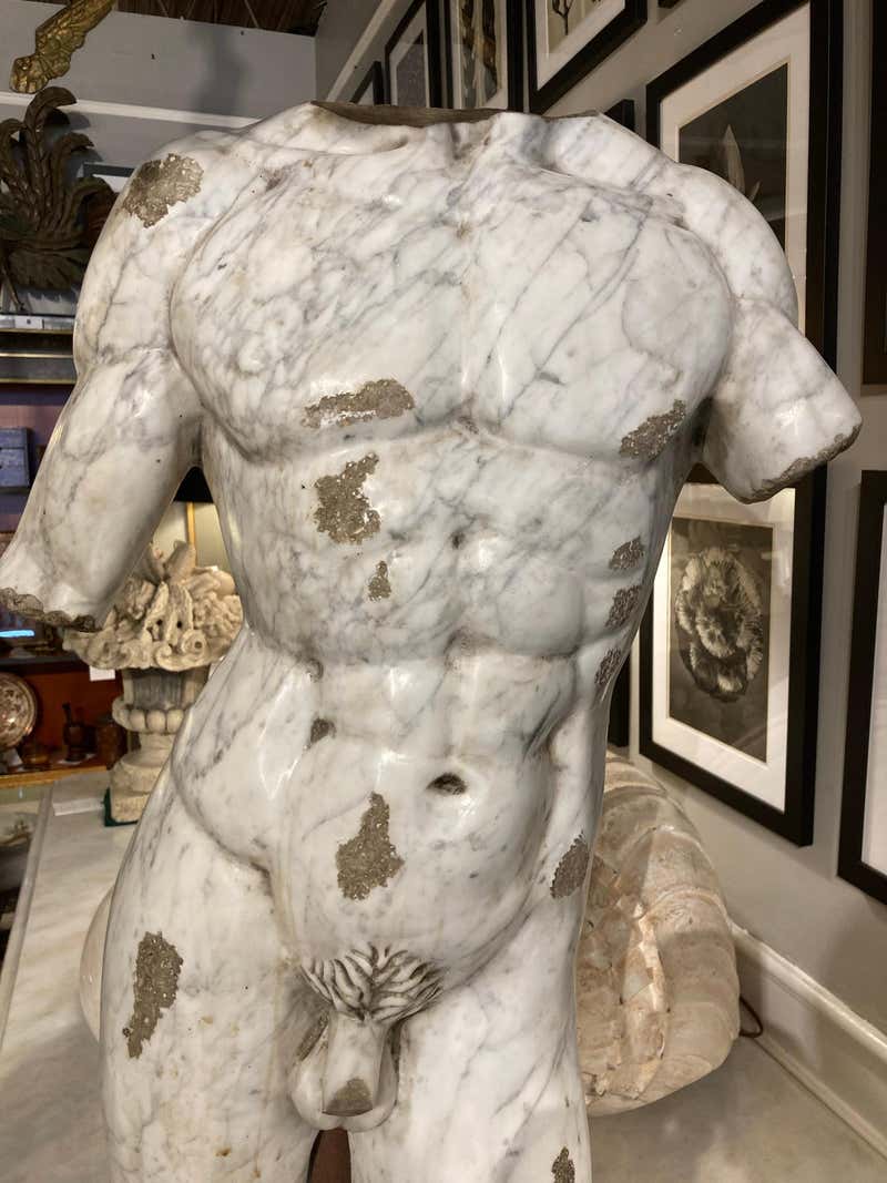 19th Century Italian Grand Tour Carved Marble Nude Male Torso