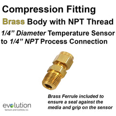 RTD Probe Compression Fitting Brass 1/4" NPT for 1/4" Diameter Sensor
