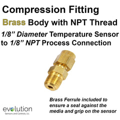 Thermocouple and RTD Compression Fitting Brass 1/8 NPT to 1/8 probe