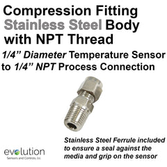 RTD Probe Compression Fitting Stainless Steel 1/4" NPT for 1/4" Diameter Sensor