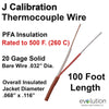 Thermocouple Wire Type J 20 Gage PFA Insulated 100 ft Long
