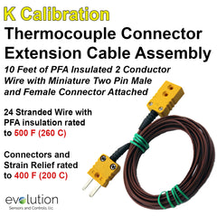 Thermocouple Connector Extension Cable Type K - PFA insulated wire with miniature male and female connector
