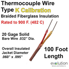 Thermocouple Wire Type K 20 Gage Fiberglass Insulated 100 ft Long