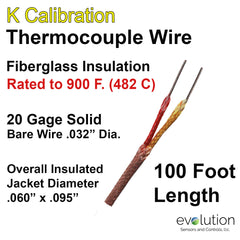 Thermocouple Wire Type K 20 Gage Fiberglass Insulated 100 ft Long