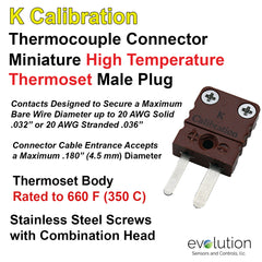 Type K Miniature Male Connector - Rugged High Temperature Thermoset Body rated to 660 F (350)