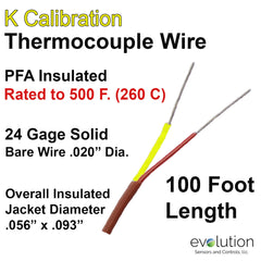 K Type Thermocouple Wire 24 Gage PFA Insulated 100 ft Long