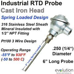 RTD Probe Spring Loaded with 1/2" NPT Fitting and Connection Head - 6" Long 1/4" Diameter