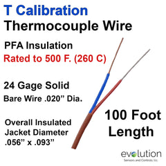T Type Thermocouple Wire 24 Gage PFA Insulated 100 ft Long