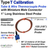 Type T Thermocouple Probe Tube and Wire Design with Miniature Connector 1" Long Probe with 80" of PFA Lead Wire
