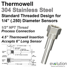 Thermowell 304 Stainless Steel 1/2 Male NPT with 4.5 inch insertion length