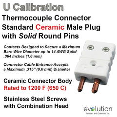 Thermocouple Connectors Standard Size Ceramic Male Solid Pins Type U