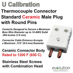 Thermocouple Connectors Standard Size Ceramic Male Hollow Pin Type U
