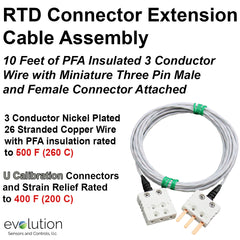 RTD Connector Extension Cable PFA insulated wire with 3-Pin Miniature Male and Female Connector