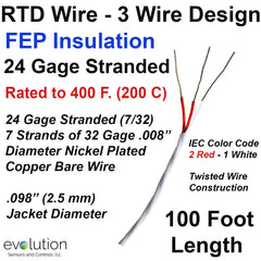 RTD Wire – 3 Wire Design 24 Gage Stranded with FEP Insulation - 100 ft Long