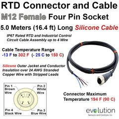 RTD M12 Connector Extension Cable Assembly Straight Design 5 meters silicone wire