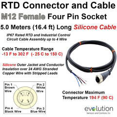 RTD M12 Connector and Extension Cable 5 Meters Long Silicone Insulation