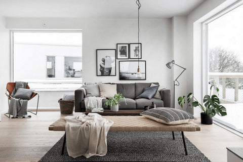 Scandinavian living room with couch and coffee table