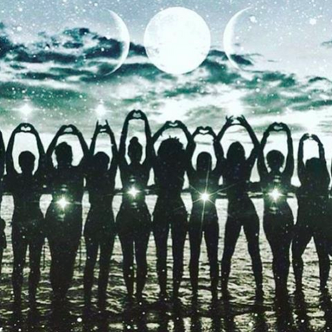 powerful women standing together with full moon on the beach, women unite, strong women, the resistance, resist with love