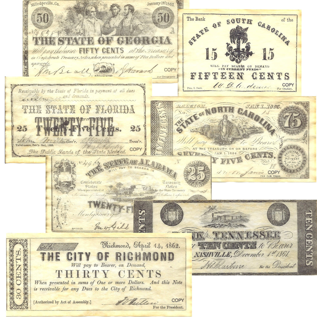 Details about   Historical Documents Confederate Currency Set A & D 25 Replica Bank Notes C B 