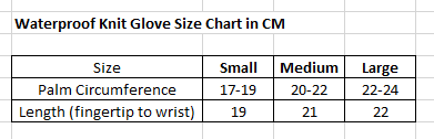 Crosspoint Knit Waterproof Glove Size Chart