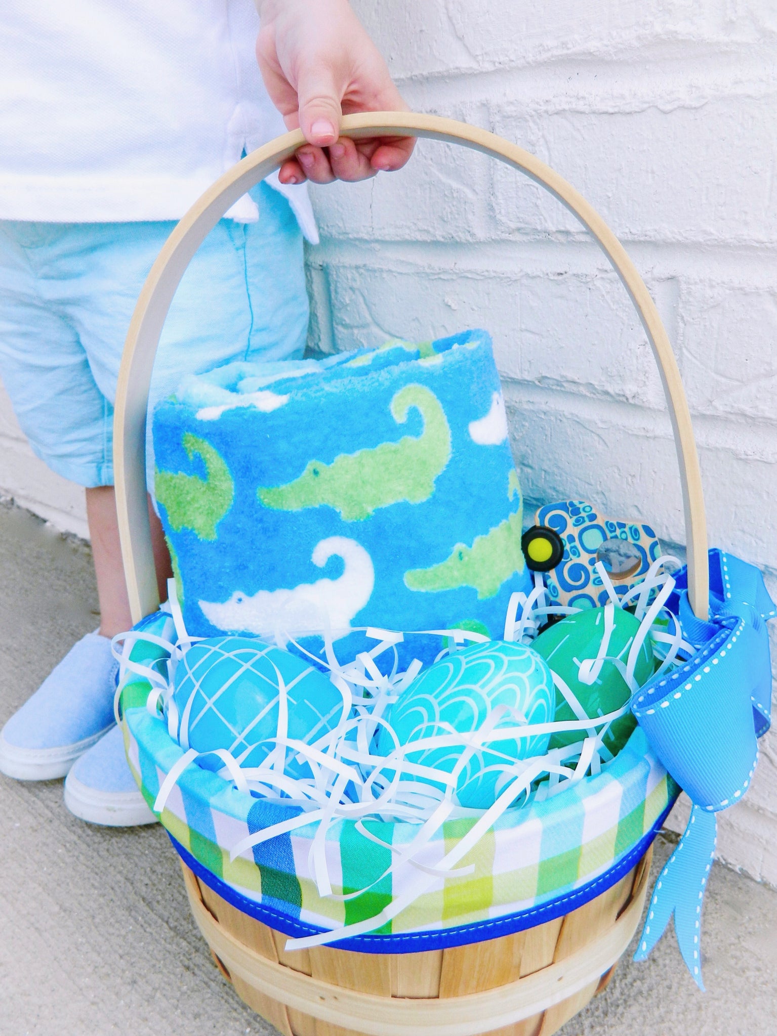personalized beach towel in preppy print for kids with easter basket